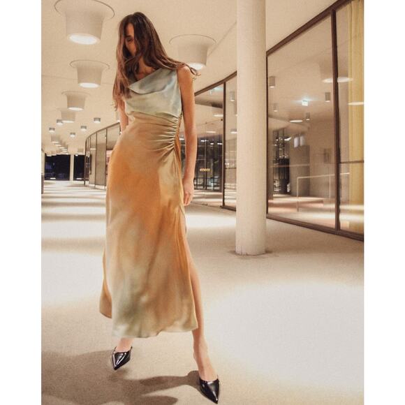 ZARA Draped Neckline Ruched Midi Dress 🌅✨ | Size L | NWT | RARE - Picture 14 of 16